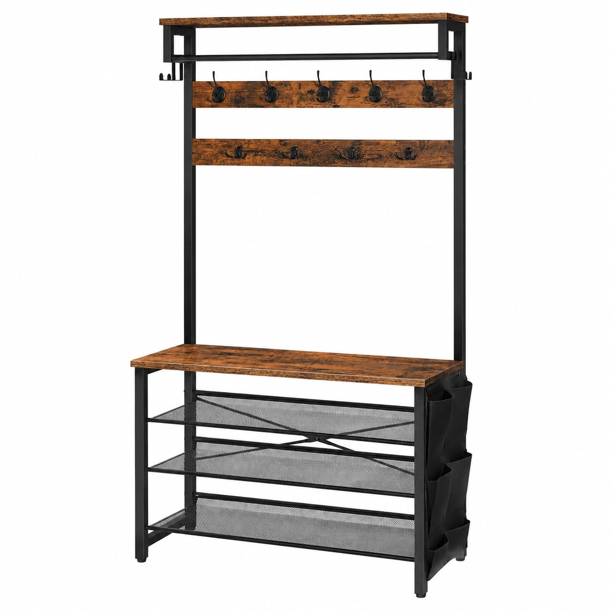 Appendiabiti, Attaccapanni con Scarpiera 3 in 1, Portabiti da Terra, Portaoggetti Scaffale con Ripiani Regolabili, Tasche Portaoggetti, 4 Ganci a S