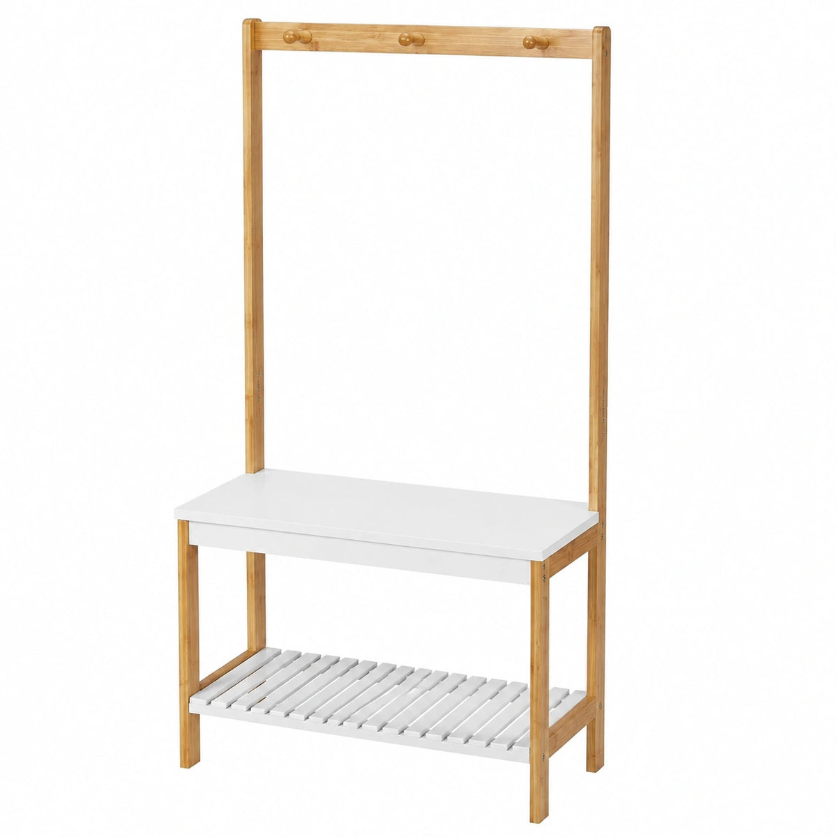 Appendiabiti con Scaffale per Scarpe con 4 Ganci in Bambù e MDF, HxLxP: 150 × 70,5 × 30 cm, Legno Naturale-Bianco