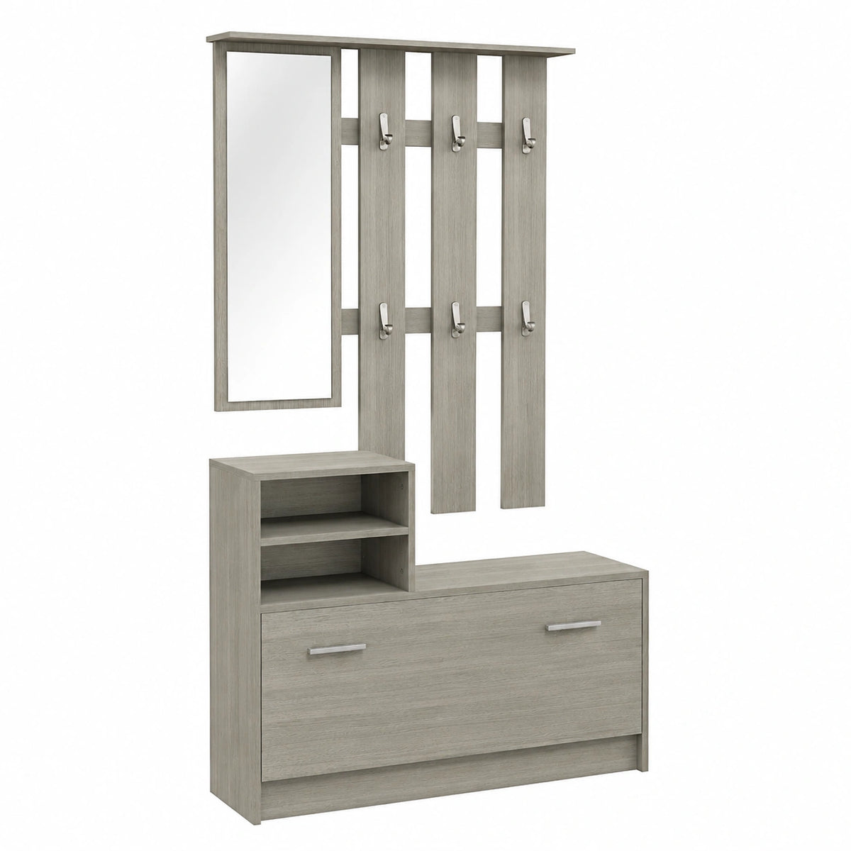 Appendiabiti, Specchio Grigio, Panca con Scaffale, Scarpiera per 8 Paia di Scarpe