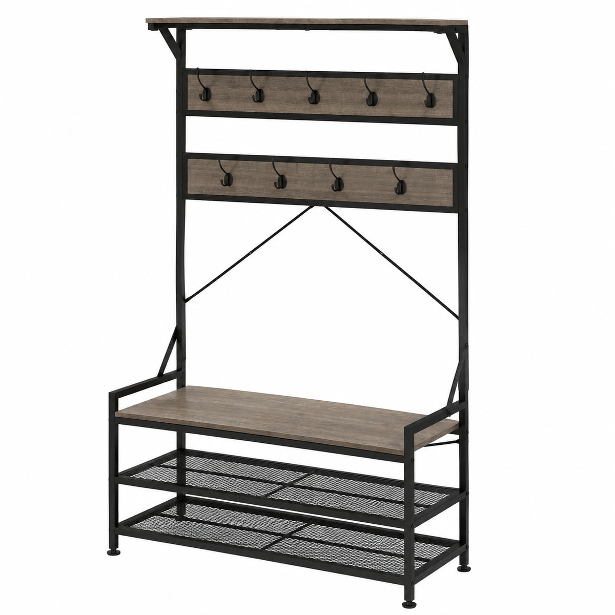 Appendiabiti con Scarpiera, Appendiabiti Ingresso con 11 Ganci e 3 Scaffali, Struttura in Metallo, Guardaroba a Giorno con Panca per Scarpe, 102 × 40