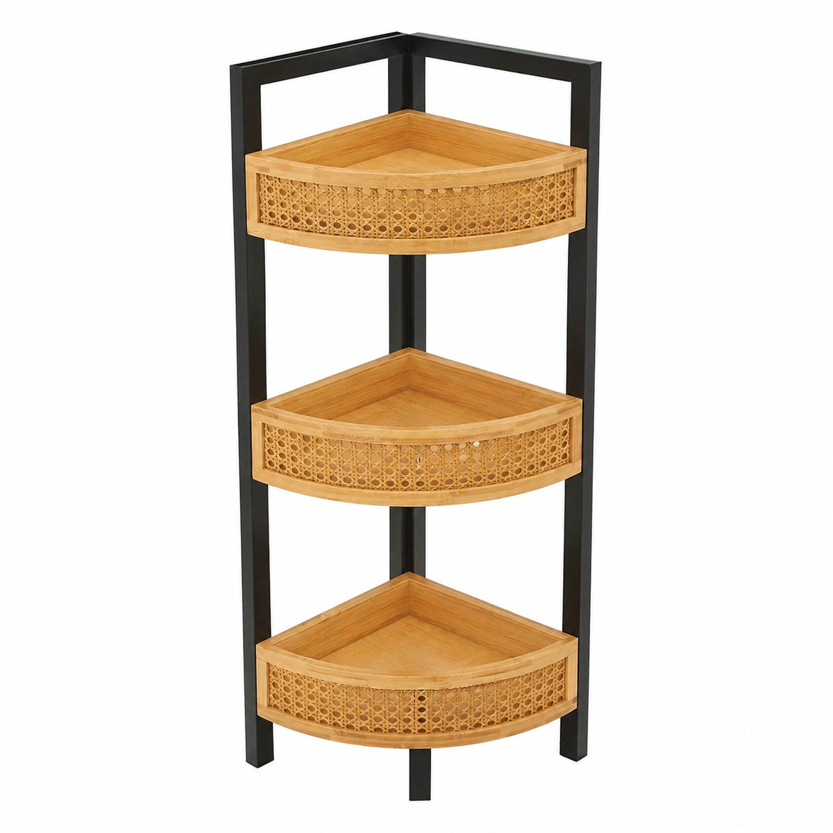 Scaffale Angolare da Terra Mobile Basso a 3 Ripiani in Bambù con Bordi Alti Frontali Decorativi Effetto Rattan Angoliera per Soggiorno Ingresso Bagno