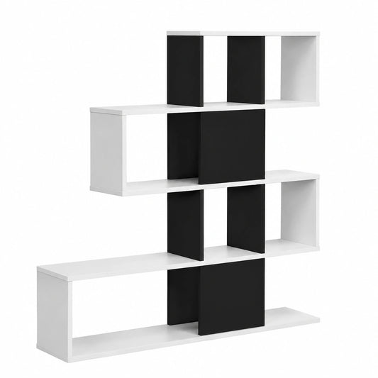 Libreria in Legno, 5 Livelli con Ante, Scaffale Multifunzionale a Forma di Scala, Ideale per Soggiorno Studio Ufficio, 120 × 19,5 × 109cm (Nero
