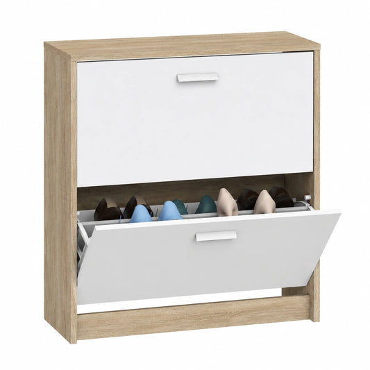 Mobile ausiliario stretto 2 porte per ingresso Bianco e Rovere Cambrian, 12 paia di scarpe, 82 × 74 × 25cm, Collezione Tibet