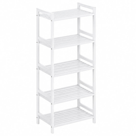 Libreria in bambù, Organizzatore di scaffali per il bagno, Espositore per piante salvaspazio con 5 ripiani regolabili, Bianco