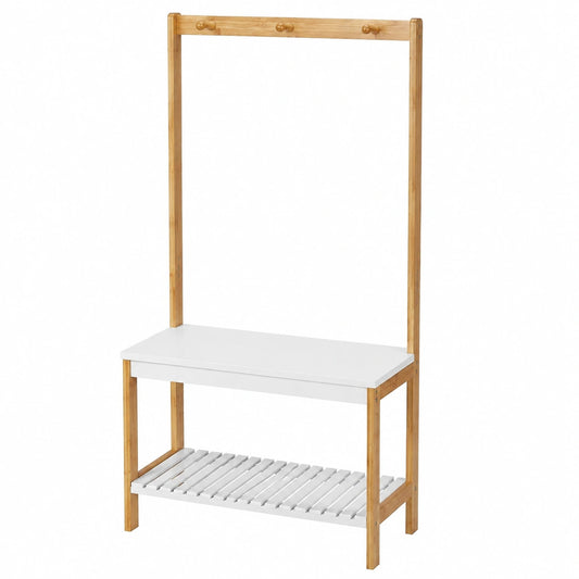 Appendiabiti con Scaffale per Scarpe con 4 Ganci in Bambù e MDF, HxLxP: 150 × 70,5 × 30 cm, Legno Naturale-Bianco