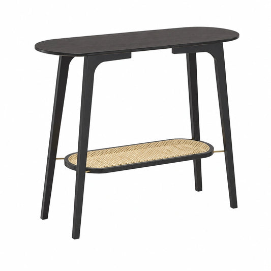 Tavolo a Consolle Scaffale Basso a 2 Piani di Appoggio Tavolo Stretto Multiuso da Ingresso Corridoio 100 × 35 × 80 cm Nero, Beige