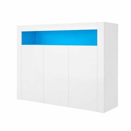 Cassettiera bianca lucida, credenza con LED, 3 ante, senza manico, per cucina