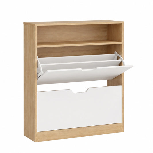 Scarpiera con 2 Scomparto Aperto e Divisorio Regolabile, 102 cm, Scaffale portascarpe per 14-16 paia, 24 × 80 × 102 cm, Rovere Dorato e Bianco Nuvola