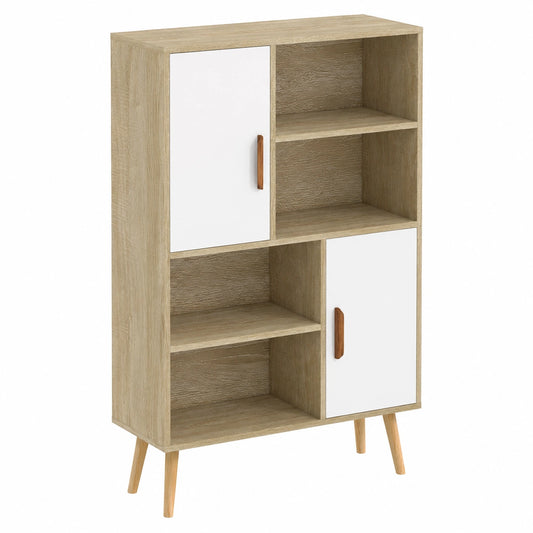 Scaffale Scandinavo 80 × 24 × 123 cm Rovere Massello, 4 Nicchie + 2 Armadi con Ripiano, Gambe affusolate inclinate