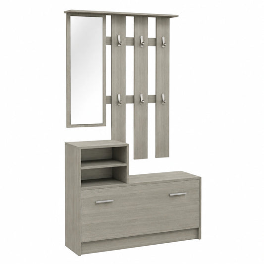 Appendiabiti, Specchio Grigio, Panca con Scaffale, Scarpiera per 8 Paia di Scarpe