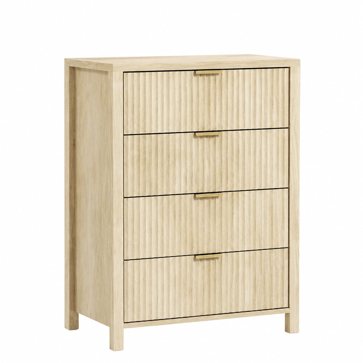 Cassettiera Camera da Letto 4 Cassetti 70 × 38 × 93 cm Legno Naturale, Cassetti Scanalati, Comò Camera da Letto in Legno, Maniglie Dorate