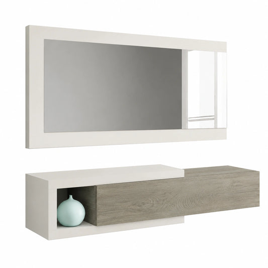 Specchio, mobile da ingresso, modello Noon, rifinito in bianco Artik e quercia dell'Alaska, misure: 95 cm (larghezza) x 19 cm (altezza) x 26 cm