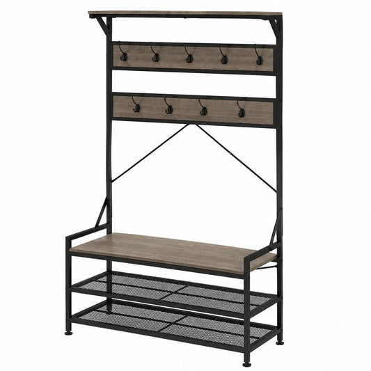 Appendiabiti con Scarpiera, Appendiabiti Ingresso con 11 Ganci e 3 Scaffali, Struttura in Metallo, Guardaroba a Giorno con Panca per Scarpe, 102 × 40