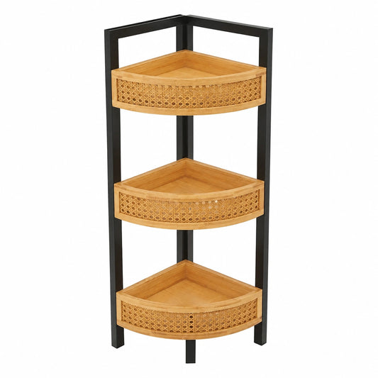 Scaffale Angolare da Terra Mobile Basso a 3 Ripiani in Bambù con Bordi Alti Frontali Decorativi Effetto Rattan Angoliera per Soggiorno Ingresso Bagno