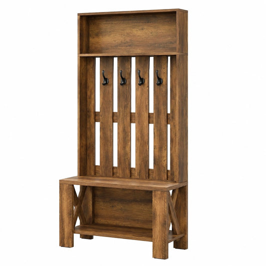 Appendiabiti Da Corridoio Con Panca E Scarpiera, Hall Tree Con Ganci Per Ingresso, Stile Rustico, Altezza 180 cm, Marrone vintage
