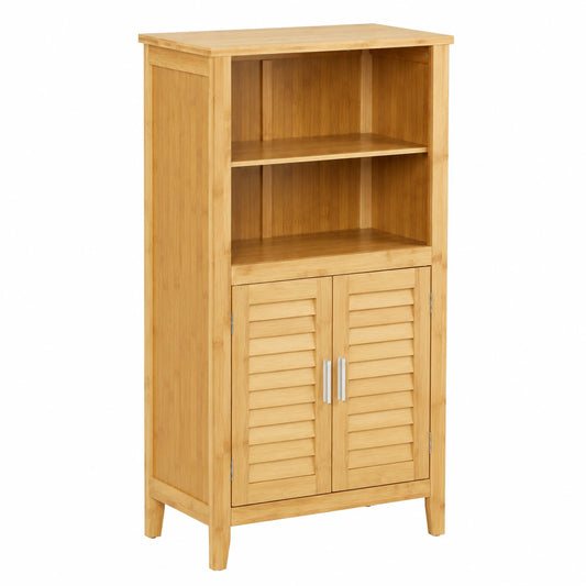 Mobile Armadietto LAMELL in bambù & MDF, Mobiletto Bagno, Lamellato, 2 Ante, 92 × 50 × 25 cm ca